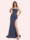 Simple Mermaid Strapless Clairvoyant Outfit Side Slit Soft Satin Long Matron of Honor Dress For Wedding