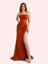 Simple Mermaid Strapless Clairvoyant Outfit Side Slit Soft Satin Long Matron of Honor Dress For Wedding