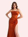 Simple Mermaid Strapless Clairvoyant Outfit Side Slit Soft Satin Long Matron of Honor Dress For Wedding