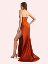 Simple Mermaid Strapless Clairvoyant Outfit Side Slit Soft Satin Long Matron of Honor Dress For Wedding