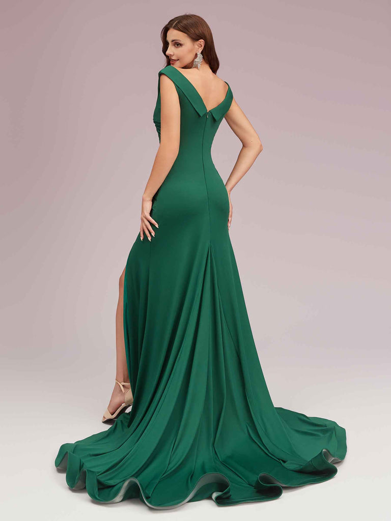 Sexy V-neck Side Slit Stretchy Jersey Long Mermaid Bridesmaid Dresses