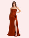 Simple Mermaid Strapless Beading Pleats Side Slit Soft Satin Long Matron of Honor Dress For Wedding