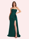 Simple Mermaid Strapless Beading Pleats Side Slit Soft Satin Long Matron of Honor Dress For Wedding