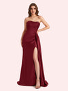 Simple Mermaid Strapless Beading Pleats Side Slit Soft Satin Long Matron of Honor Dress For Wedding