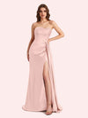 Simple Mermaid Strapless Beading Pleats Side Slit Soft Satin Long Matron of Honor Dress For Wedding