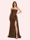 Simple Mermaid Strapless Beading Pleats Side Slit Soft Satin Long Matron of Honor Dress For Wedding