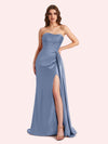 Simple Mermaid Strapless Beading Pleats Side Slit Soft Satin Long Matron of Honor Dress For Wedding