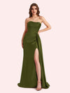 Simple Mermaid Strapless Beading Pleats Side Slit Soft Satin Long Matron of Honor Dress For Wedding