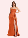 Simple Mermaid Strapless Beading Pleats Side Slit Soft Satin Long Matron of Honor Dress For Wedding