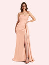 Simple Mermaid Strapless Beading Pleats Side Slit Soft Satin Long Matron of Honor Dress For Wedding