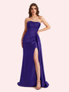 Simple Mermaid Strapless Beading Pleats Side Slit Soft Satin Long Matron of Honor Dress For Wedding