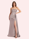 Simple Mermaid Strapless Beading Pleats Side Slit Soft Satin Long Matron of Honor Dress For Wedding
