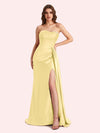 Simple Mermaid Strapless Beading Pleats Side Slit Soft Satin Long Matron of Honor Dress For Wedding