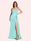 Simple Mermaid Strapless Beading Pleats Side Slit Soft Satin Long Matron of Honor Dress For Wedding