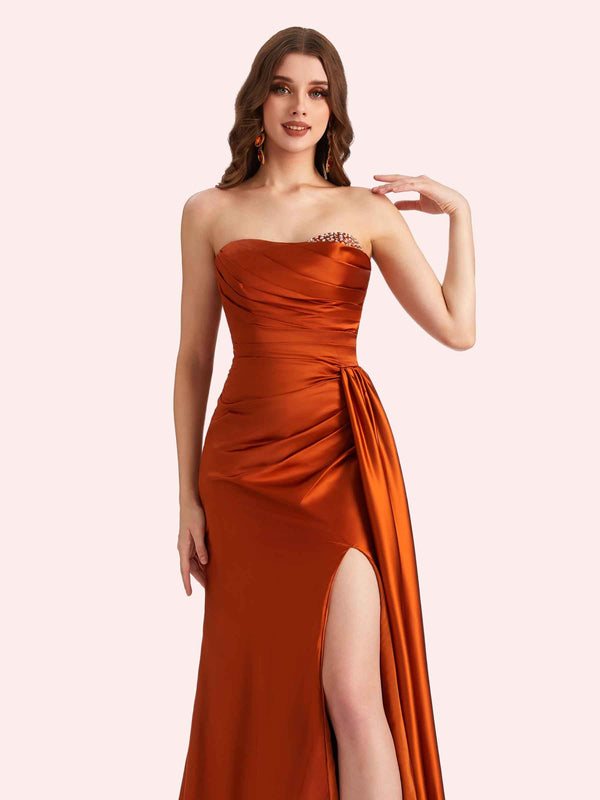 Simple Mermaid Strapless Beading Pleats Side Slit Soft Satin Long Matron of Honor Dress For Wedding