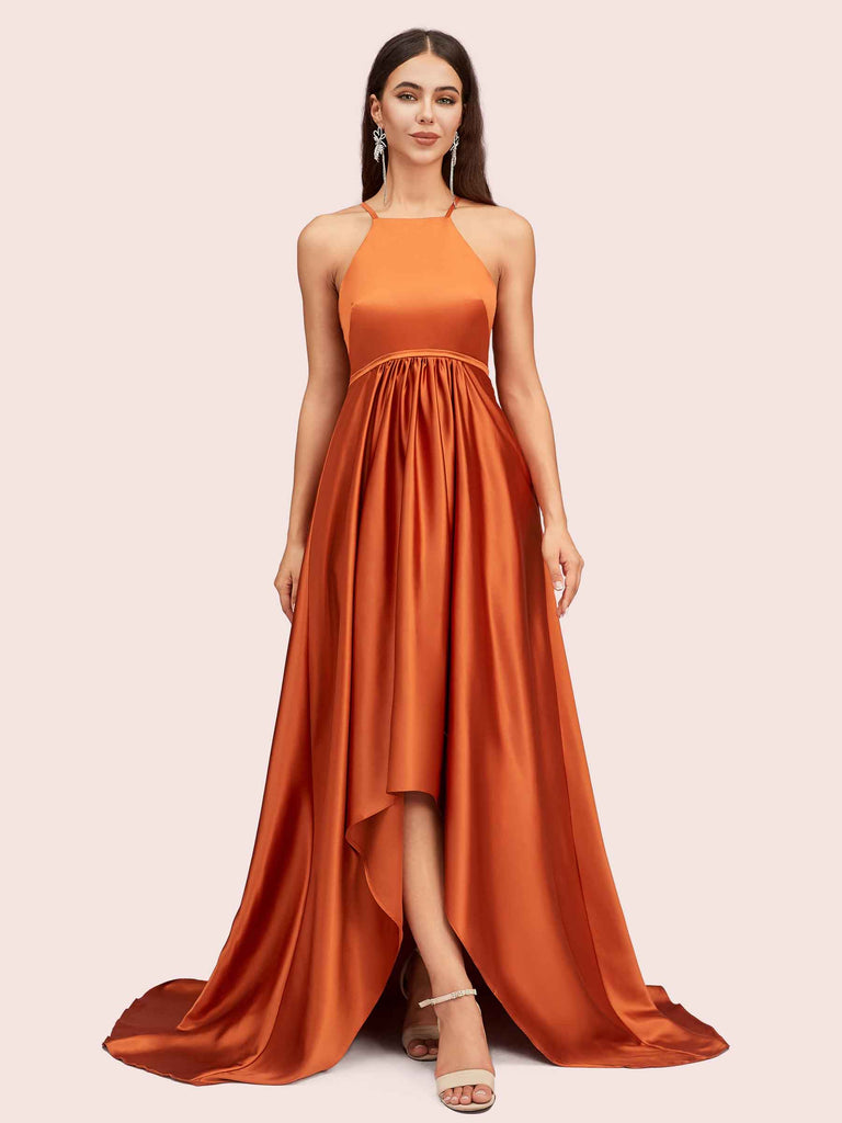 Sexy High Low Halter Satin Bridesmaid Dresses Online Sexy High Low Halter Satin Bridesmaid Dresses Online