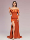 Elegant Soft Satin Off Shoulder Long Mermaid Graduation Prom Dresses With Slit