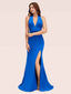 Sexy Halter Sleeveless Open Back Side Slit Stretchy Jersey Long Mermaid Bridesmaid Dresses