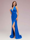 Sexy Halter Sleeveless Open Back Side Slit Stretchy Jersey Long Mermaid Bridesmaid Dresses