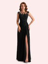 Elegant A-line Chiffon Side Slit Jewel Long Mother of the Brides Dresses Online