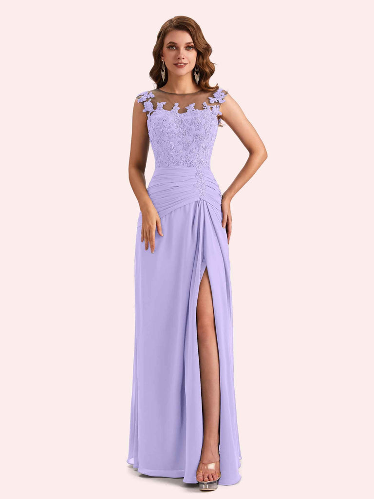 Elegant A-line Chiffon Side Slit Jewel Long Mother of the Brides Dresses Online