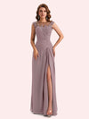 Elegant A-line Chiffon Side Slit Jewel Long Mother of the Brides Dresses Online