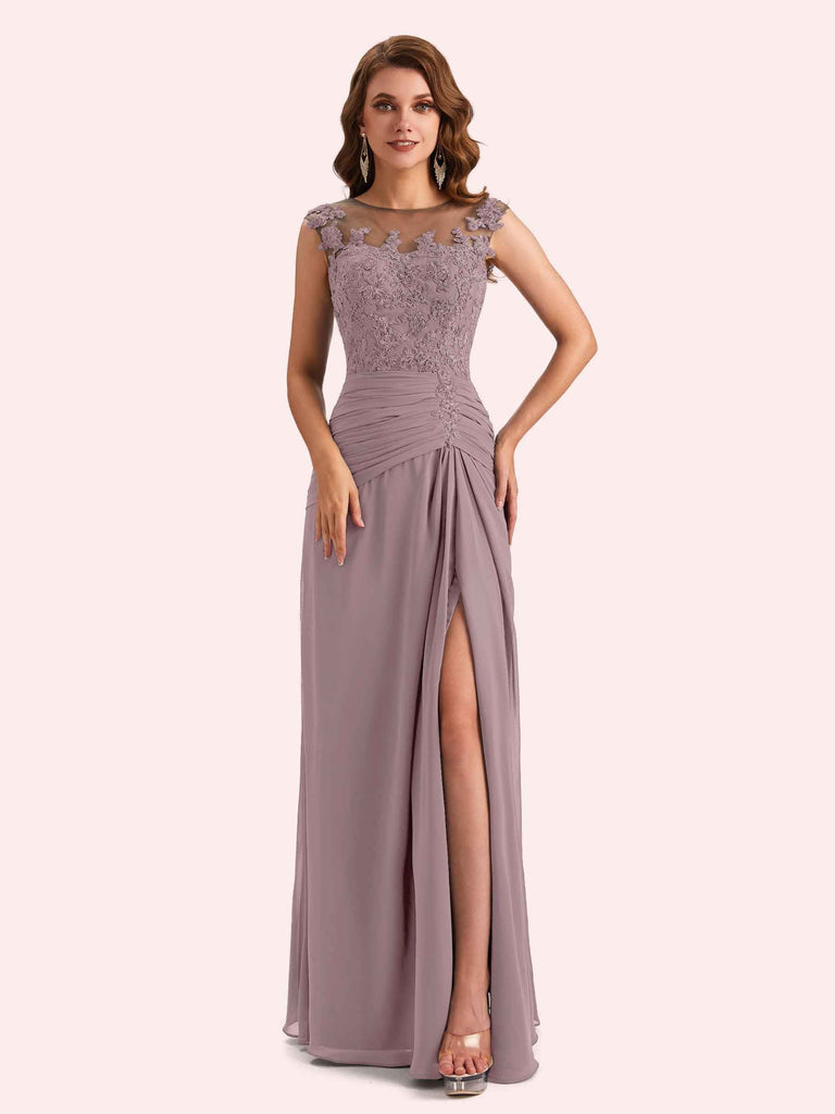Elegant A-line Chiffon Side Slit Jewel Long Mother of the Brides Dresses Online