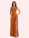 Elegant A-line Chiffon Side Slit Jewel Long Mother of the Brides Dresses Online