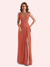 Elegant A-line Chiffon Side Slit Jewel Long Mother of the Brides Dresses Online