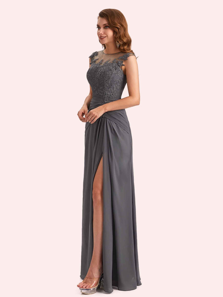 Cetims Elegant A line Chiffon Side Split Jewel Long Mother of the Brides Dresses Online Dusty Rose