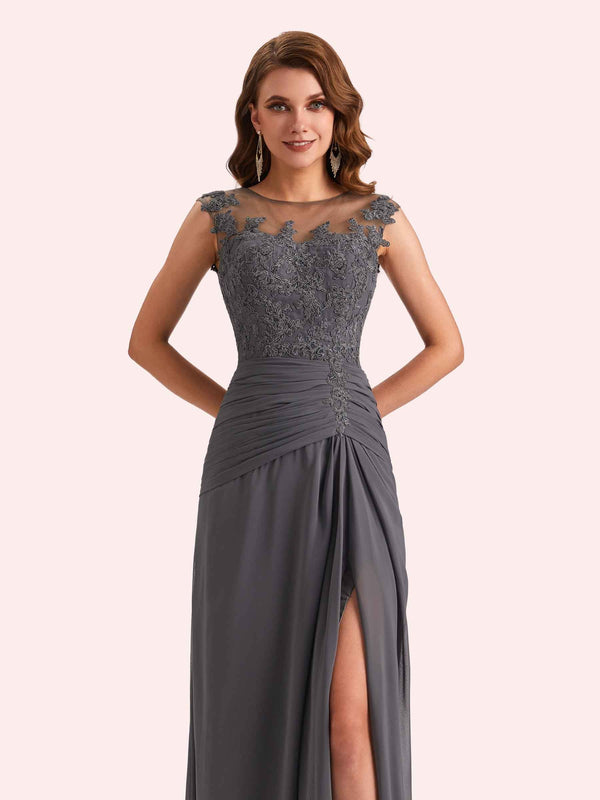 Elegant A-line Chiffon Side Slit Jewel Long Mother of the Brides Dresses Online