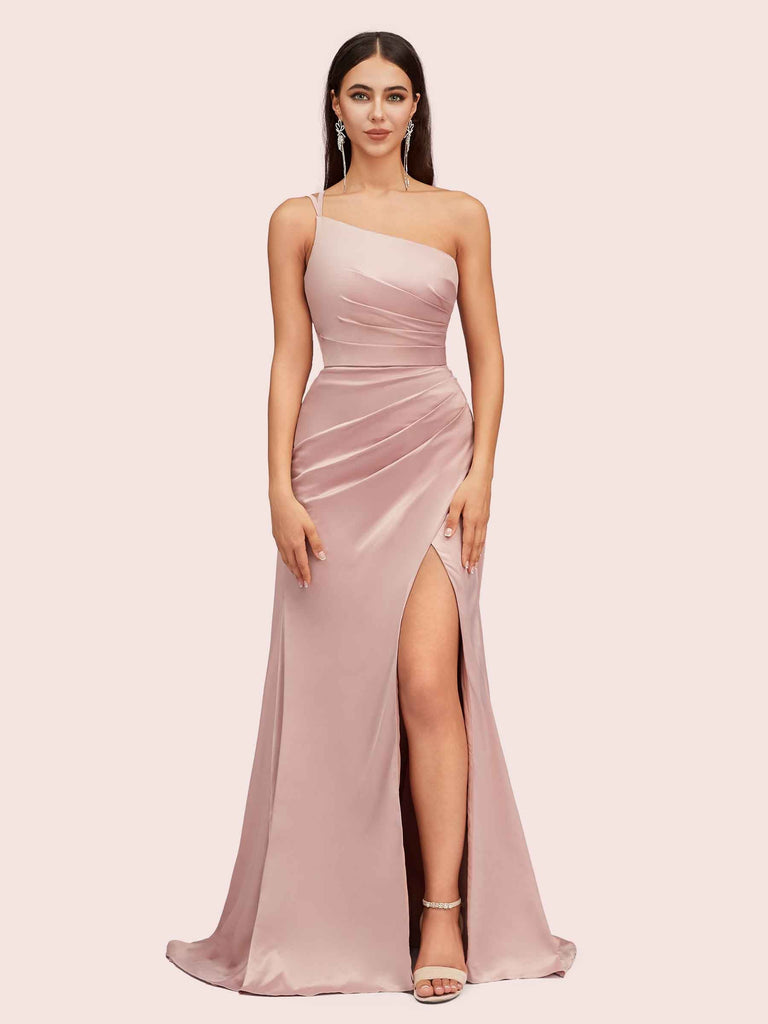 silky dresses long Dusty Pink Silk Satin Maxi Dress with Long Bishop Sleeves