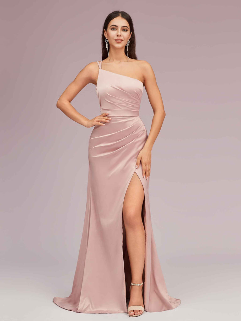 Soft Satin One Shoulder Side Slit Silky Long Mermaid Bridesmaid Dresses Online For Sale
