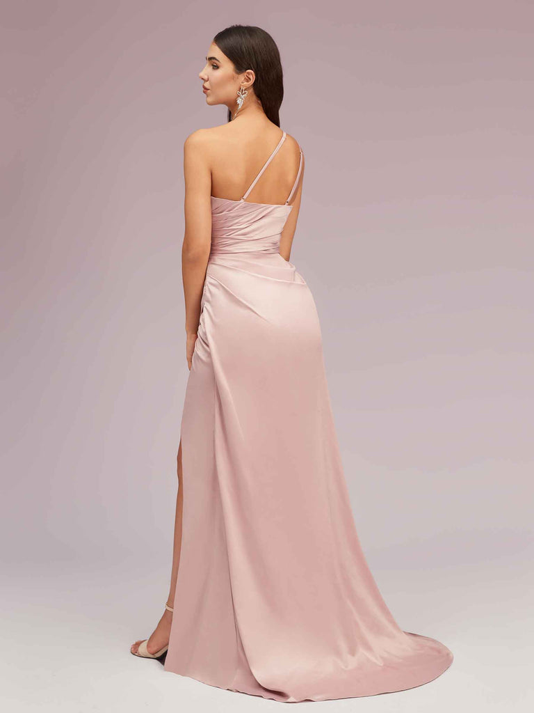 silky long dress Soft Satin One Shoulder Side Slit Silky Long Mermaid Bridesmaid Dresses Online