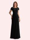 Elegant A-line Chiffon Short Sleeves Jewel Long Mother of the Brides Dresses Online
