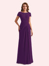 Elegant A-line Chiffon Short Sleeves Jewel Long Mother of the Brides Dresses Online