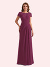 Elegant A-line Chiffon Short Sleeves Jewel Long Mother of the Brides Dresses Online