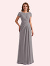 Elegant A-line Chiffon Short Sleeves Jewel Long Mother of the Brides Dresses Online