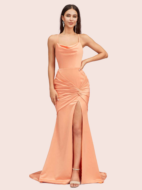 Sexy Backless Mermaid Spaghetti Straps Cowl Long Satin Formal Prom Dresses With Slit