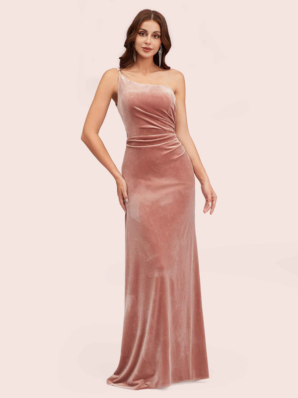Elegant Velvet One Shoulder Side Slit sheath Long Bridesmaid Dresses Online