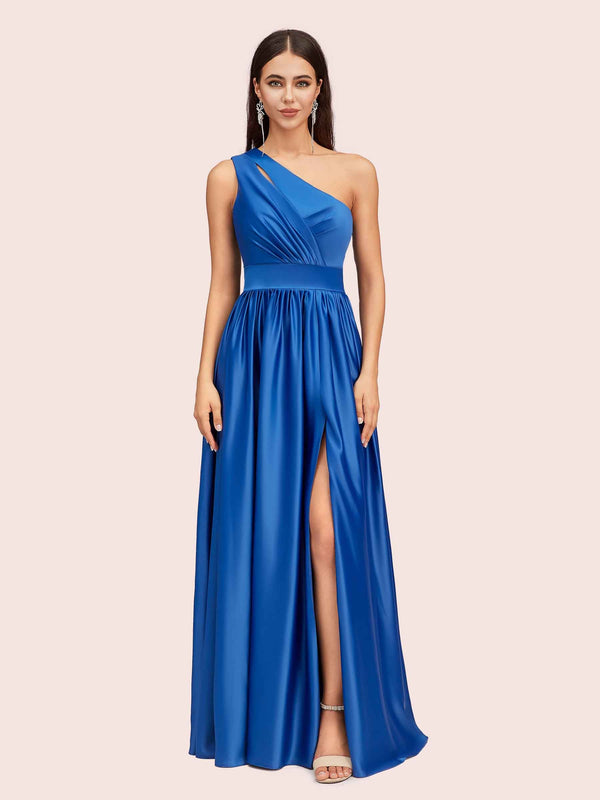 Unique One Shoulder Long Side Slit Soft Satin Graduation Prom Dresses 2023
