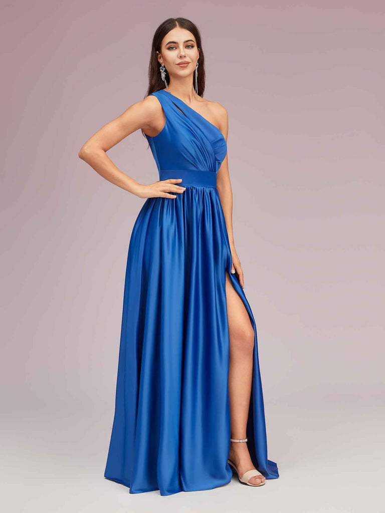 Cetims Unique One Shoulder Long Side Split Soft Satin Graduation Prom Dresses 2023 fitted Prom Dresses formal gown Dresses Green