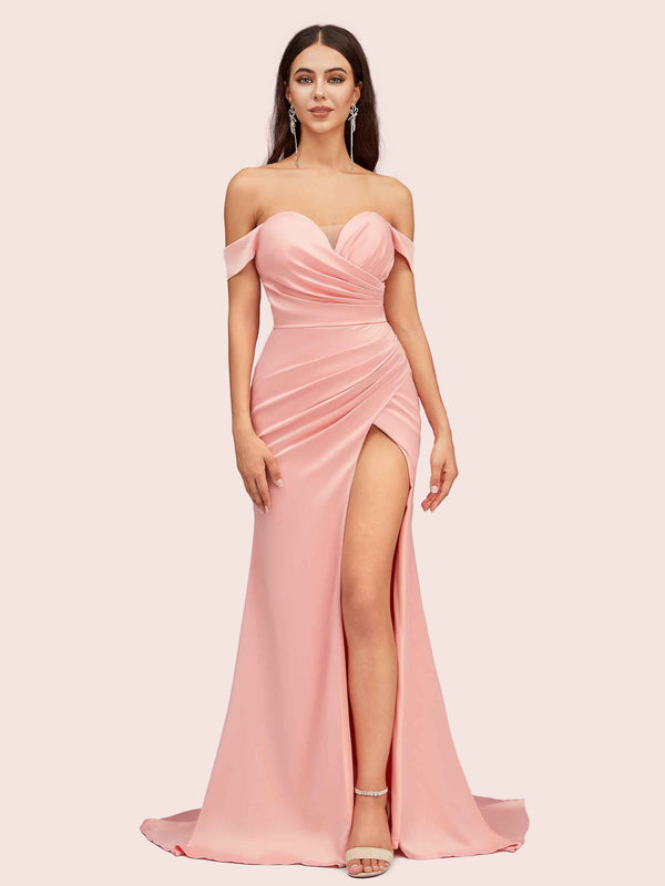 Sexy Side Slit Off Shoulder Long Soft Satin Mermaid Bridesmaid Dresses
