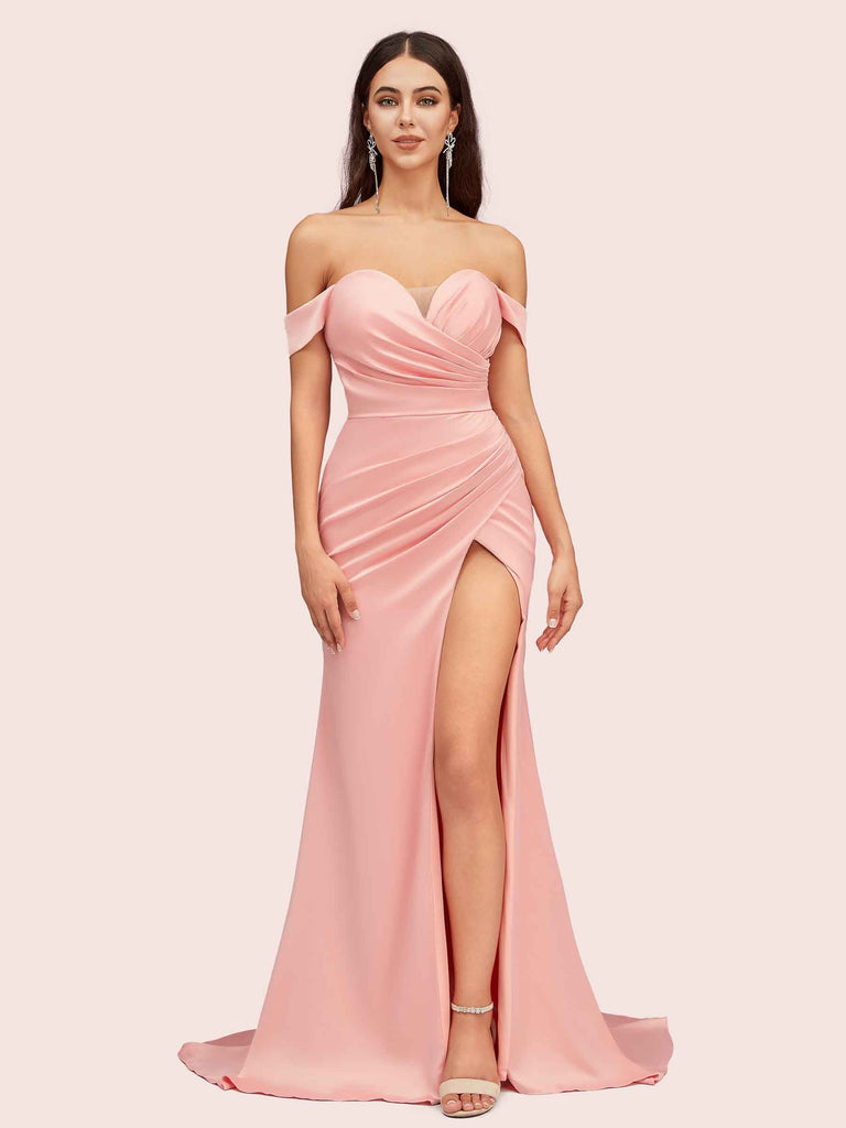 Sexy Side Slit Off Shoulder Long Silky Satin Mermaid Formal Prom Dresses Online