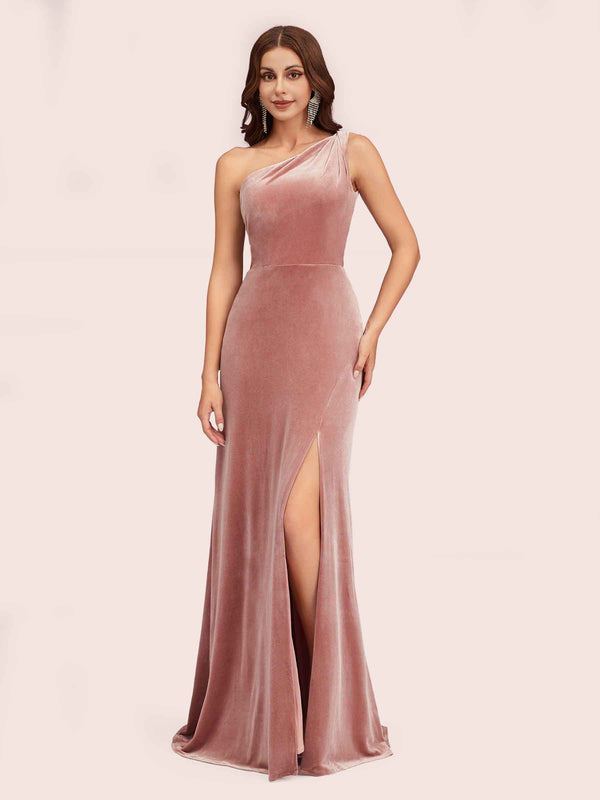 Modern Velvet One Shoulder Side Slit Sheath Long Bridesmaid Dresses Online