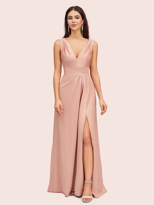 Sexy V-neck Long Side Slit Soft Satin Bridesmaid Dresses Online