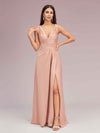 Sexy V-neck Long Side Slit Silk Satin Evening Prom Dresses Online