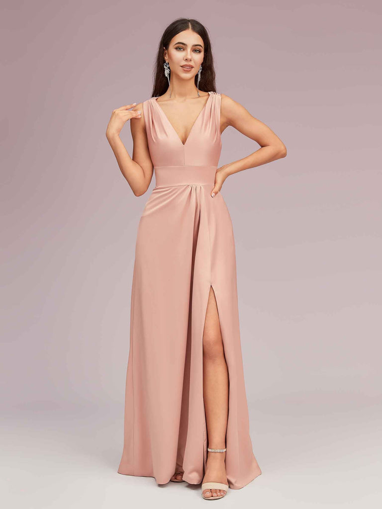 Sexy V-neck Long Side Slit Silk Satin Evening Prom Dresses Online