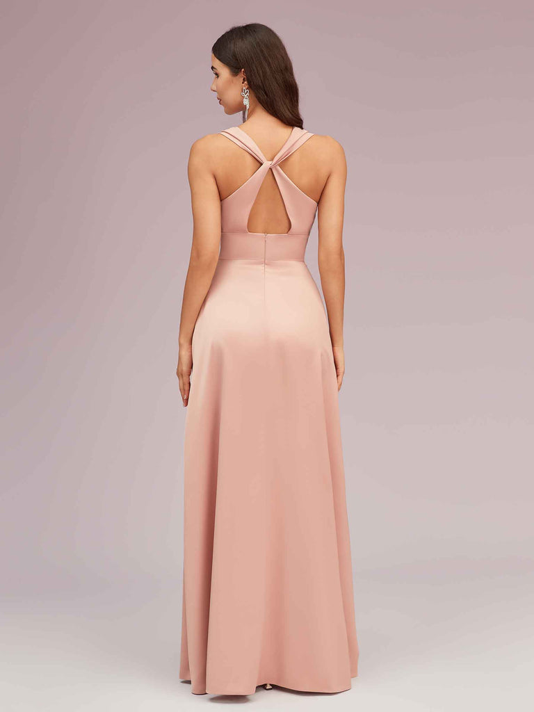 Sexy V-neck Long Side Slit Soft Satin Bridesmaid Dresses Online