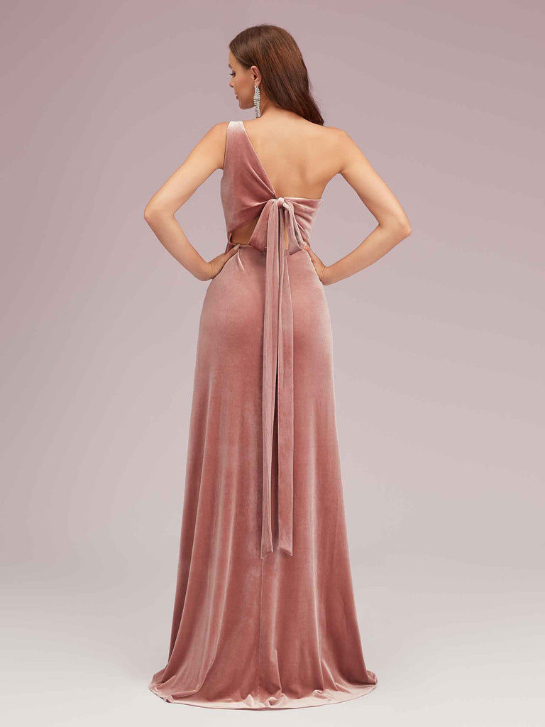 pink velvet one shoulder dress BABARONI BABARONI Velvet Pearl Pink Bridesmaid Dresses One Shoulder Floor-length Sleeveless with Slit Sheath/Column, Pearl Pink / US18